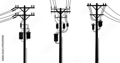Silhouette vector of utility poles with electrical transformers and power lines, illustrating electricity distribution infrastructure and urban energy network design