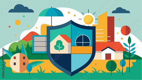 Climate risk insurance concept with protected homes under shield against environmental hazards and natural disasters illustration