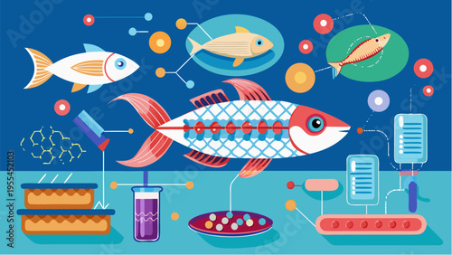 Marine collagen production concept with fish and laboratory process illustrating extraction and supplements for health and beauty industry