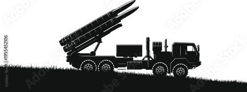 Silhouette of military missile launcher truck with six wheels on grassy terrain, black and white vector illustration for defense concept