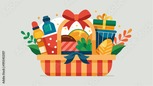 Gift hamper basket with food products drinks and presents decorated with ribbon for holiday celebration and festive surprise