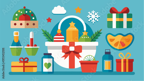 Festive gift hamper with assorted food drinks and presents decorated with ribbon for holiday celebration and seasonal treats