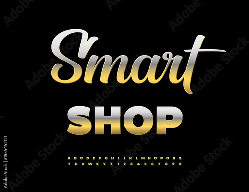 Vector Glamorous emblem Smart Shop. Chic Gold Font. Premium Exclusive Alphabet Letters and Numbers set.