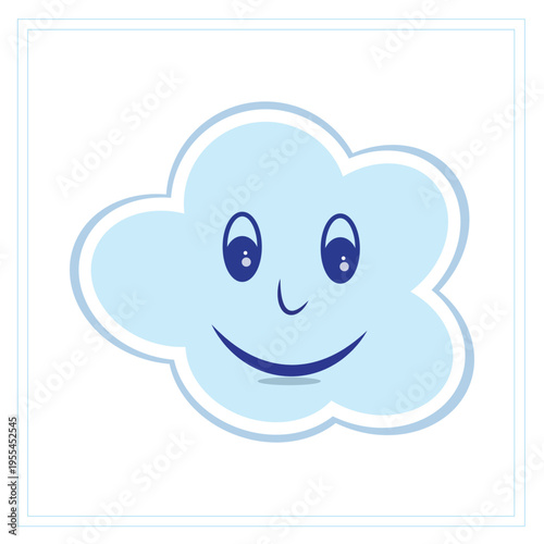 A friendly and cheerful light blue cloud character with a happy smiling face and bright eyes.This simple and clean vector illustration is perfect for children's educational materials, nursery wall art