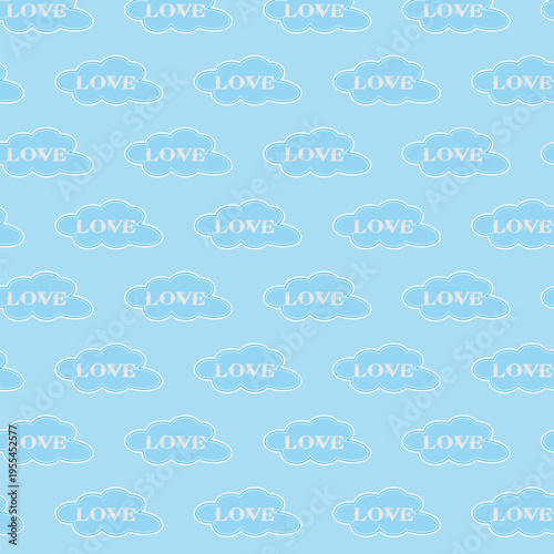  A sweet and dreamy seamless vector pattern featuring light blue clouds with the word "LOVE" inscribed inside each one.