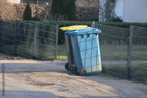 Two differently colored garbage cans, one blue and one dark with a yellow lid, stand on the street at a metallic fence
