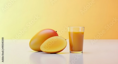 Minimalist 3D Mango and Mango Juice Glass on Reflective Surface Fresh Tropical Background