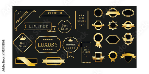 Luxury golden labels. Luxury labels. Gold banner, ribbon and premium VIP label, vintage royal sticker and sale tag. Award certificate stamp, retro quality seal, promotion emblem. Vector