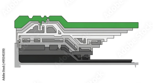 Detailed cross-section illustration of a green and gray electronic circuit board component