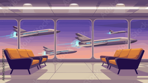 Sleek vector airport lounge interior – Great for luxury travel branding, high-tech furniture catalogs, or sci-fi storytelling.