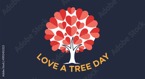 Heart shaped tree with love a tree day text on dark background for environmental awareness