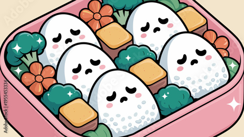 Sleepy ghost onigiri in pink bento box – Perfect for nursery decor, stationery design, or whimsical culinary branding.