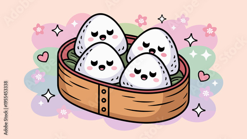 Cute ghost rice balls in wooden bento – Great for Japanese lifestyle content, autumn food themes, or kawaii illustrations.
