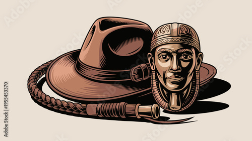 Archaeologist gear with whip and golden statue – Great for history education, movie-themed promotions, or mystery storytelling.