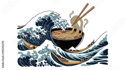 Ramen bowl with Hokusai wave noodles – Ideal for fusion restaurant menus, Japanese art blogs, or creative food branding.