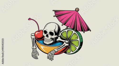 Skeleton diver in tropical cocktail – Fun garnish for summer parties, beach bars, or quirky menu designs.