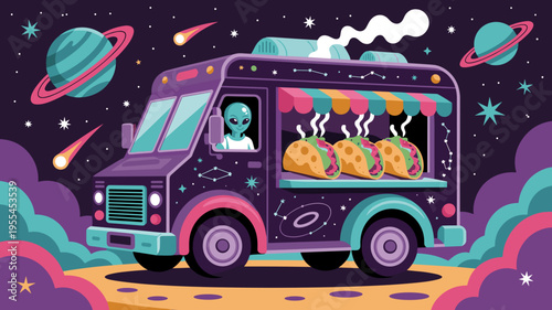 Alien food truck with space tacos – Great for creative restaurant marketing, sci-fi conventions, or gaming art.