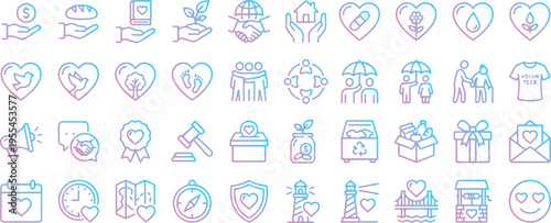 Charity and volunteering gradient line icons set. Vector signs for donation, non-profit organization, social help, fundraising, humanitarian support, philanthropy and community service symbols.
