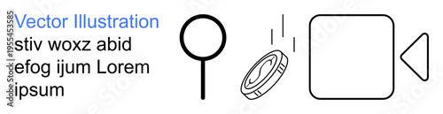 Research, exploration, analysis, finance, visual media, technology. Magnifying glass, falling coin camera and placeholder text. Research and exploration symbols for conceptual and practical