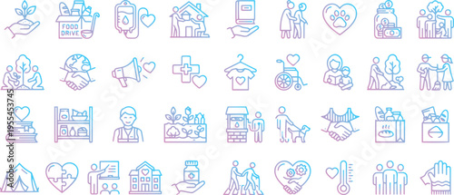 Charity and volunteering gradient line icons set. Vector illustrations of donation, non-profit organization, social help, humanitarian support, fundraising and community service symbols.