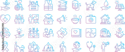 Charity and social work outline icons pack. Gradient line signs for volunteering, humanitarian aid and community support. Thin vector icons set perfect for non-profit web infographic projects.