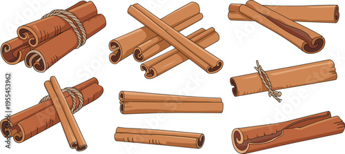Cinnamon sticks bundle and loose vector illustration set isolated spice elements for cooking organic natural ingredient design collection