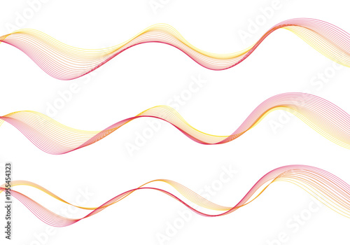 Set of three abstract linear waves in warm red and orange gradients on white background. Eps 10