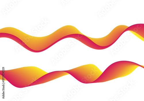 Two abstract volumetric waves with rich yellow-red gradient on isolated white background for design.