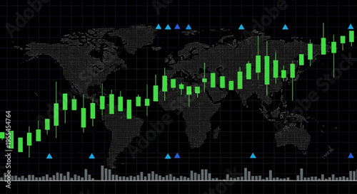 Global financial market data visualization with candlestick chart and world map background.