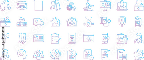 elderly care and nursing home gradient line icons set, medical, geriatric, assisted living, and healthcare vector symbols, Thin vector pictograms pack for web infographic business social projects.