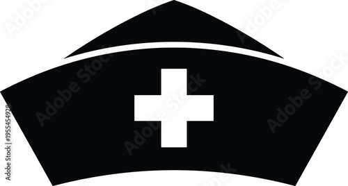 Classic black nurse cap icon silhouette with medical cross representing healthcare professional, nursing services, hospital staff, medical assistance, and medicine