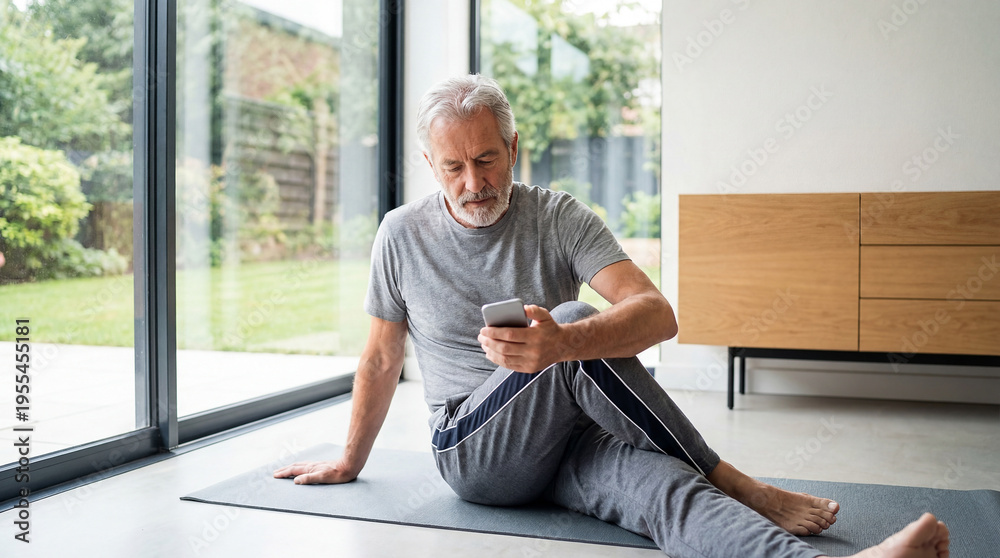Fototapeta premium Elderly man relaxing, checking phone, on yoga mat, in a modern room