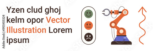 Automation, robotics, feedback systems, production processes, quality control, efficiency analysis. Robotic arm next to feedback icons and an orange arrow. Automation and robotics concept