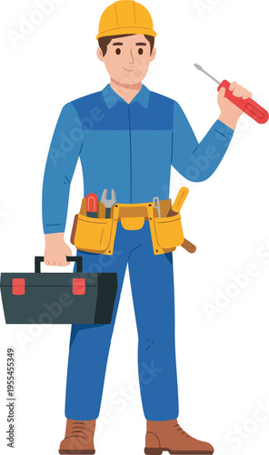 A cartoon man in a blue uniform holding a screwdriver and a tool box