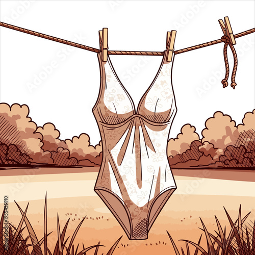 A one-piece swimsuit hanging on a clothesline with clothespins in an outdoor setting with water and trees in the background.