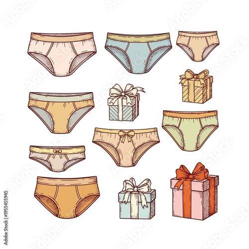 Hand-drawn illustration of various colorful women's underwear styles and wrapped gift boxes.