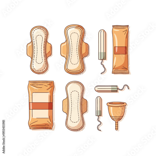 Feminine hygiene products illustration featuring sanitary pads, tampons, and a menstrual cup.