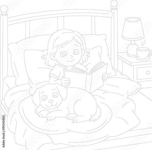 Cute little girl reading a book in bed with her pet dog