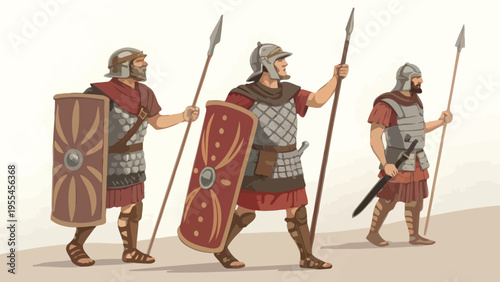 Three ancient Roman soldiers marching in formation with shields and spears