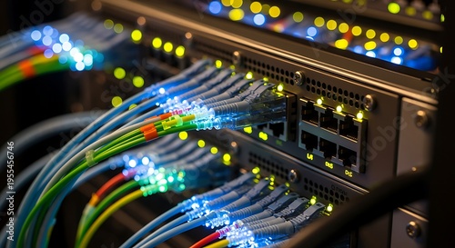 Close-up of network server with colorful ethernet cables and glowing lights