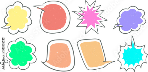手描きラフテクスチャのカラフル吹き出しイラストセット ポップでやわらかい会話フレーム コミックやSNS投稿に使えるデザイン素材