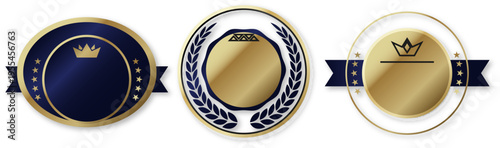 高級感のある金色とネイビーの装飾フレームメダルセット リボン付きエンブレムバッジ 賞状デザインやアワードに使えるベクター素材