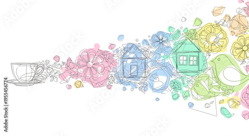 Colorful houses and tea cup icons.