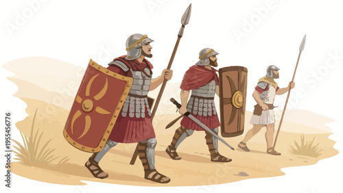 Three ancient Roman soldiers marching in formation through a desert landscape with shields and spears