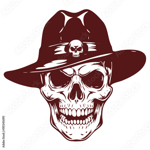 A skull wearing a hat with a smaller skull on the band