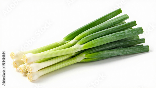 Bright green onions sit elegantly on a smooth white surface, showcasing their crisp texture and appealing hues, perfect for enhancing meals and salads Generative AI