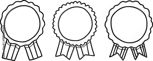 表彰やランキング表示に使いやすいリボン付きメダル型フレームのシンプル線画イラストセット（賞・認定・評価デザイン向け）