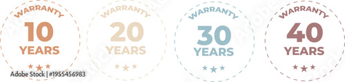 10年20年30年40年の長期保証を表現したスタンプ風バッジセット、信頼感を演出するシンプルな認証マークデザイン素材