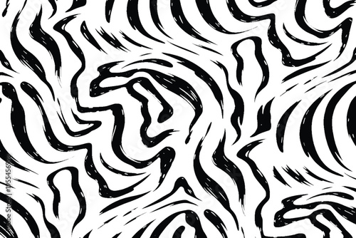 Abstract black and white animal print texture for fashion and design.Seamless zebra stripe pattern background with hand-drawn brush strokes.Monochromatic artistic animal fur texture illustration.