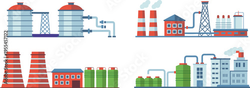 Flat industrial factory icons set with power plants oil refineries chimneys tanks pipelines energy production vector illustration collection design
